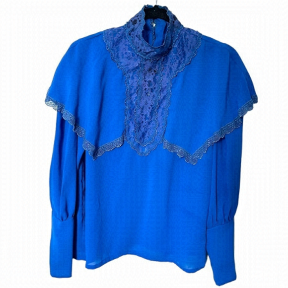 Vintage Tops - Vintage Blouse Peasant Style Victorian Lace Marc Allan Royal Blue Mock Neck